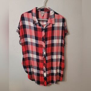 Como Vintage Red and Blue Plaid Button-Down Shirt With Ruffle Sleeve Large
